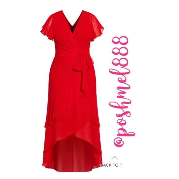 Stunningly Sexy Lipstick Red Chiffon HiLo Ruffle Wrap Dress - Picture 3 of 10
